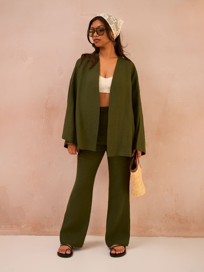 Petite Forest Green 100% Linen Kimono