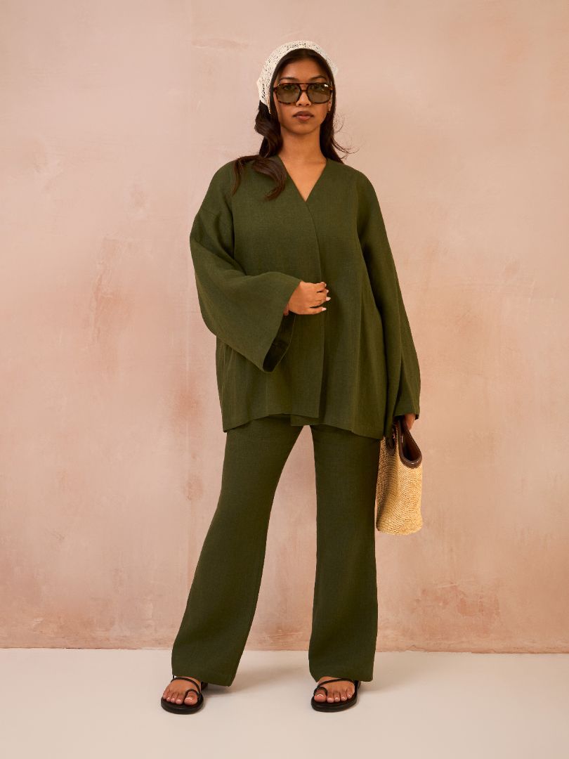 Petite Forest Green 100% Linen Kimono