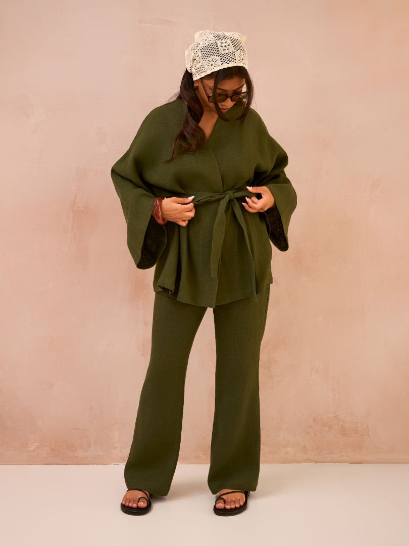 Petite Forest Green 100% Linen Kimono