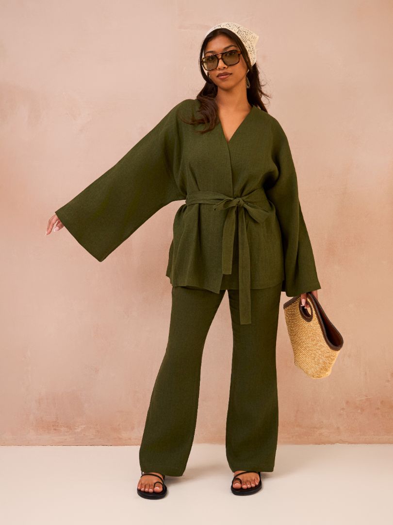 Petite Forest Green 100% Linen Kimono