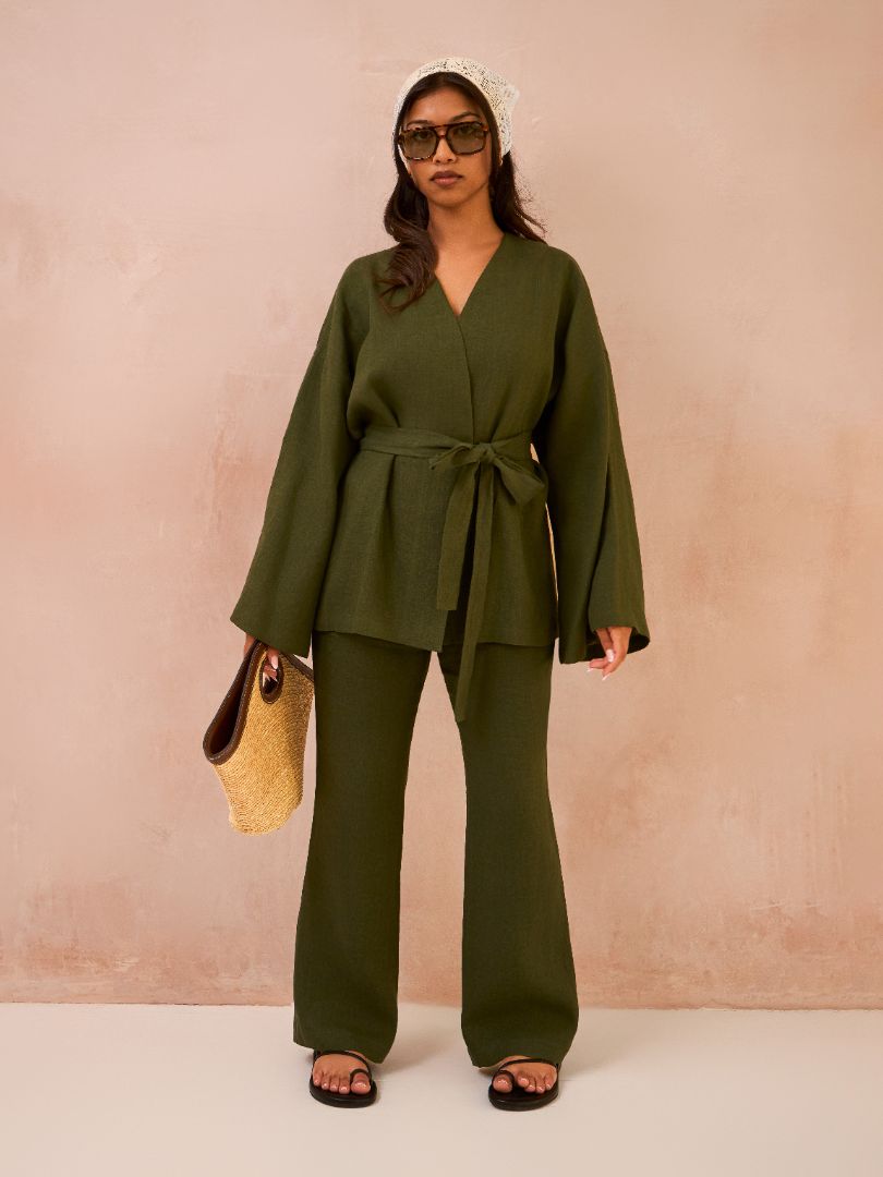 Petite Forest Green 100% Linen Kimono