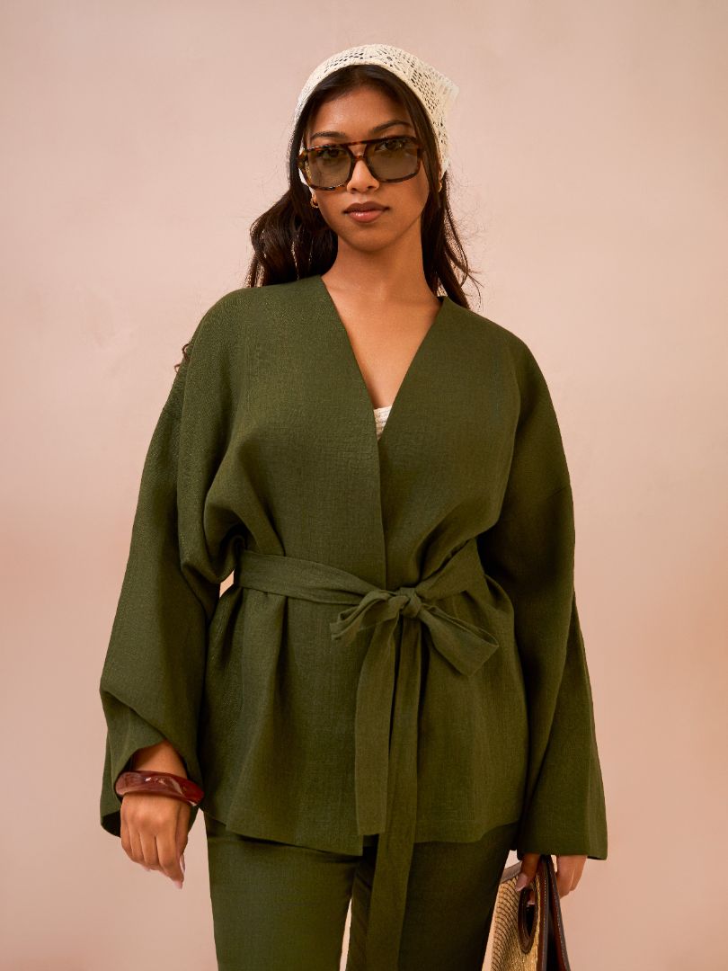Petite Forest Green 100% Linen Kimono