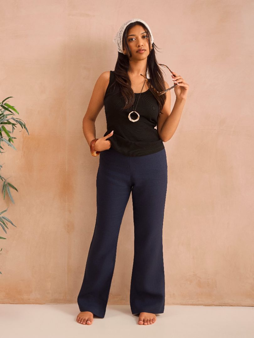 Petite Denim Blue 100% Linen Trousers