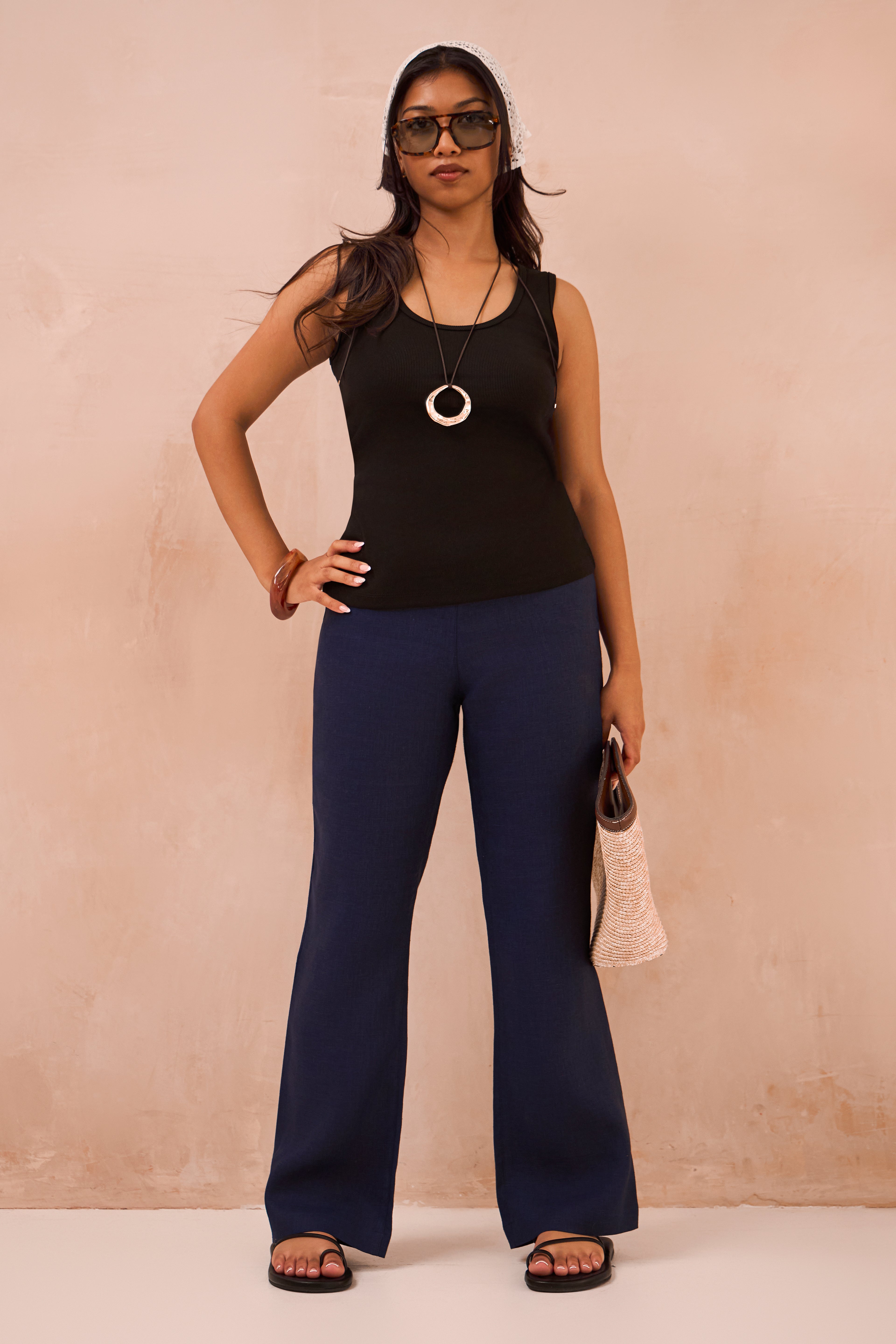 Petite Denim Blue 100% Linen Trousers