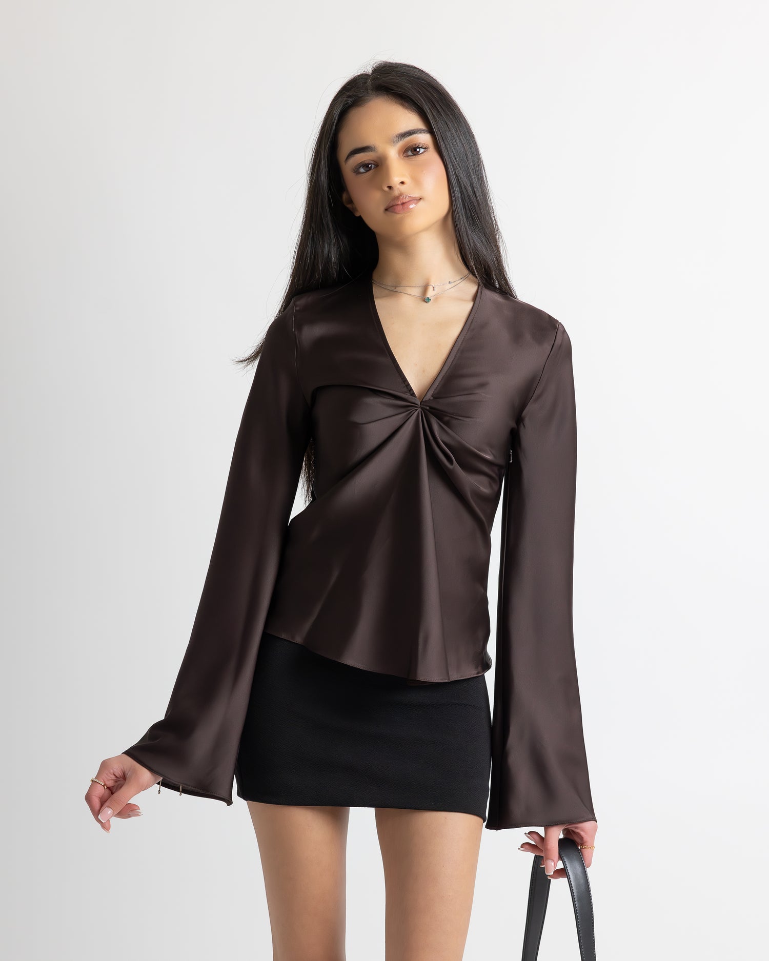 Petite Espresso Brown Satin Top