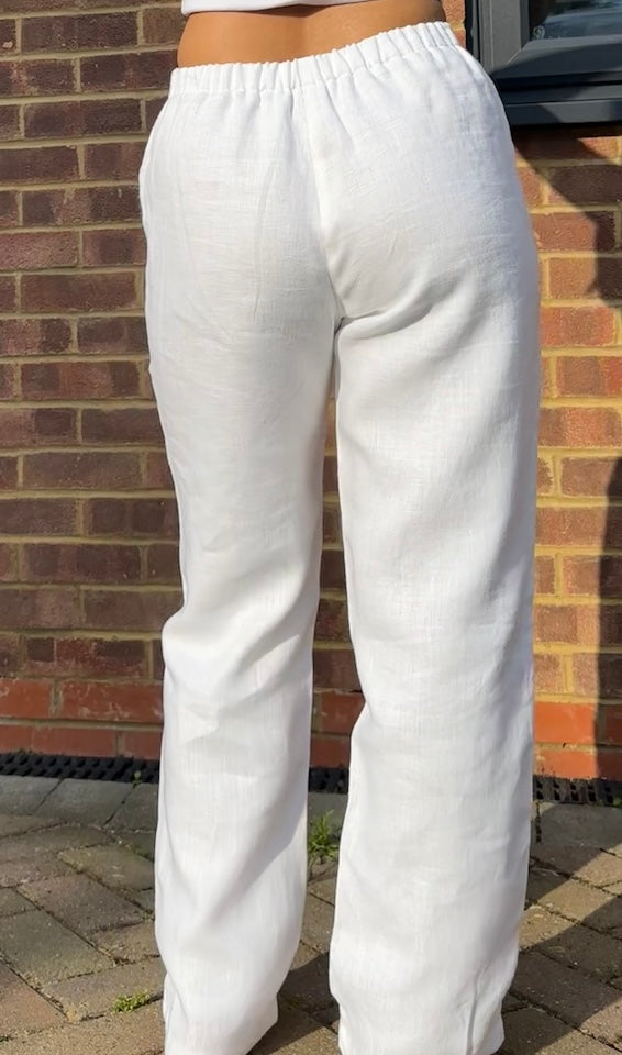 Petite White 100% Linen Straight Leg Lined Trousers