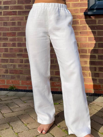 Petite White 100% Linen Straight Leg Lined Trousers