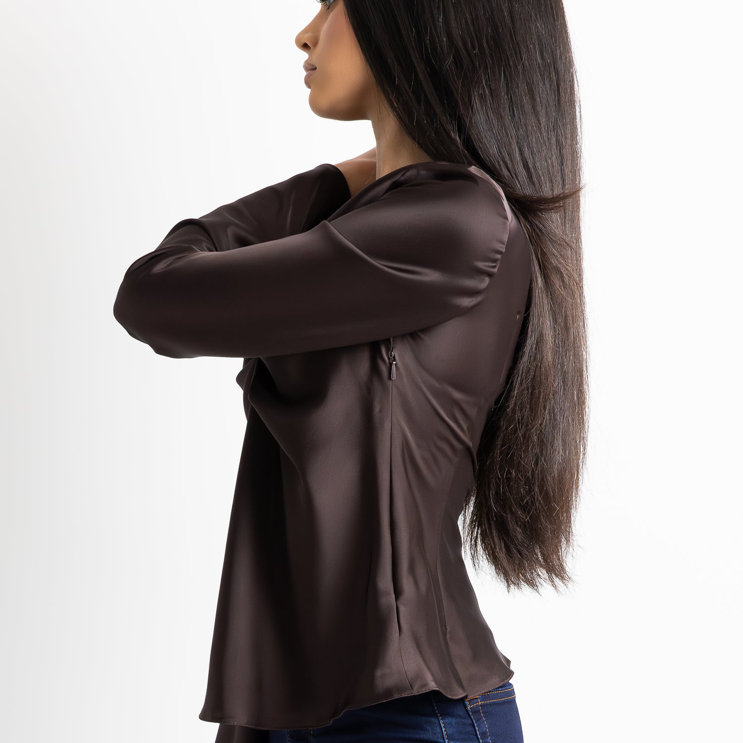 Petite Espresso Brown Satin Top