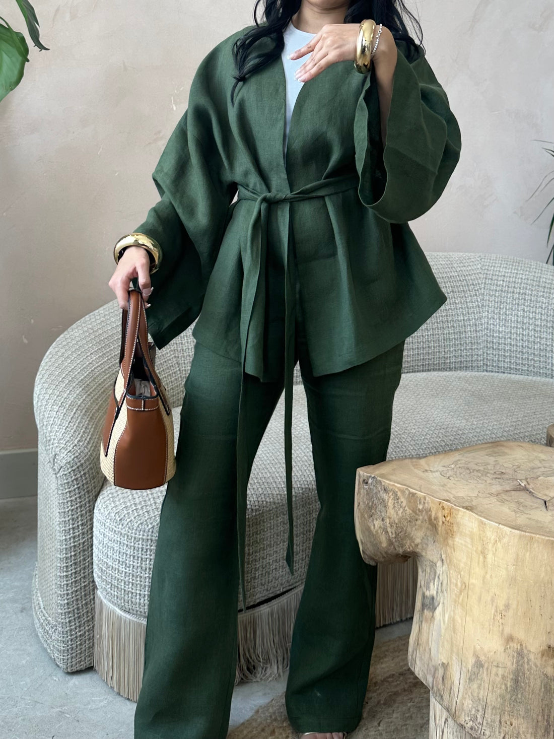 Petite Forest Green 100% Linen Kimono