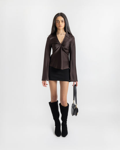 Petite Espresso Brown Satin Top