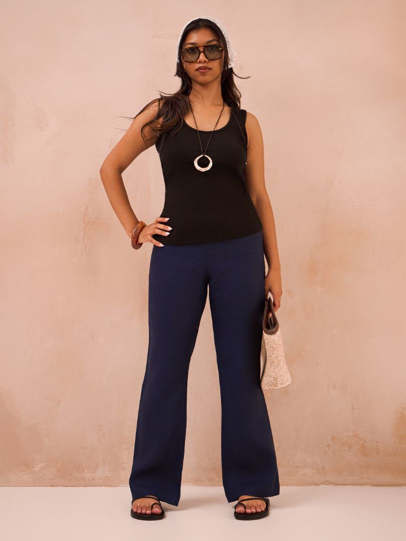 Petite Denim Blue 100% Linen Trousers