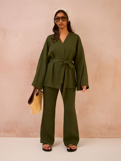 Petite Forest Green 100% Linen Kimono