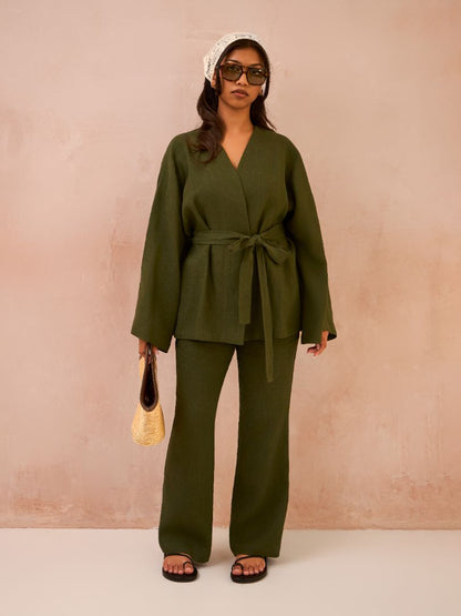 Petite Forest Green 100% Linen Kimono