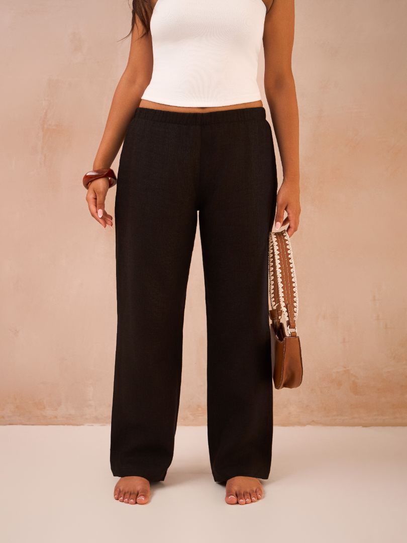 Petite Black 100% Linen Straight Leg Lined Trousers