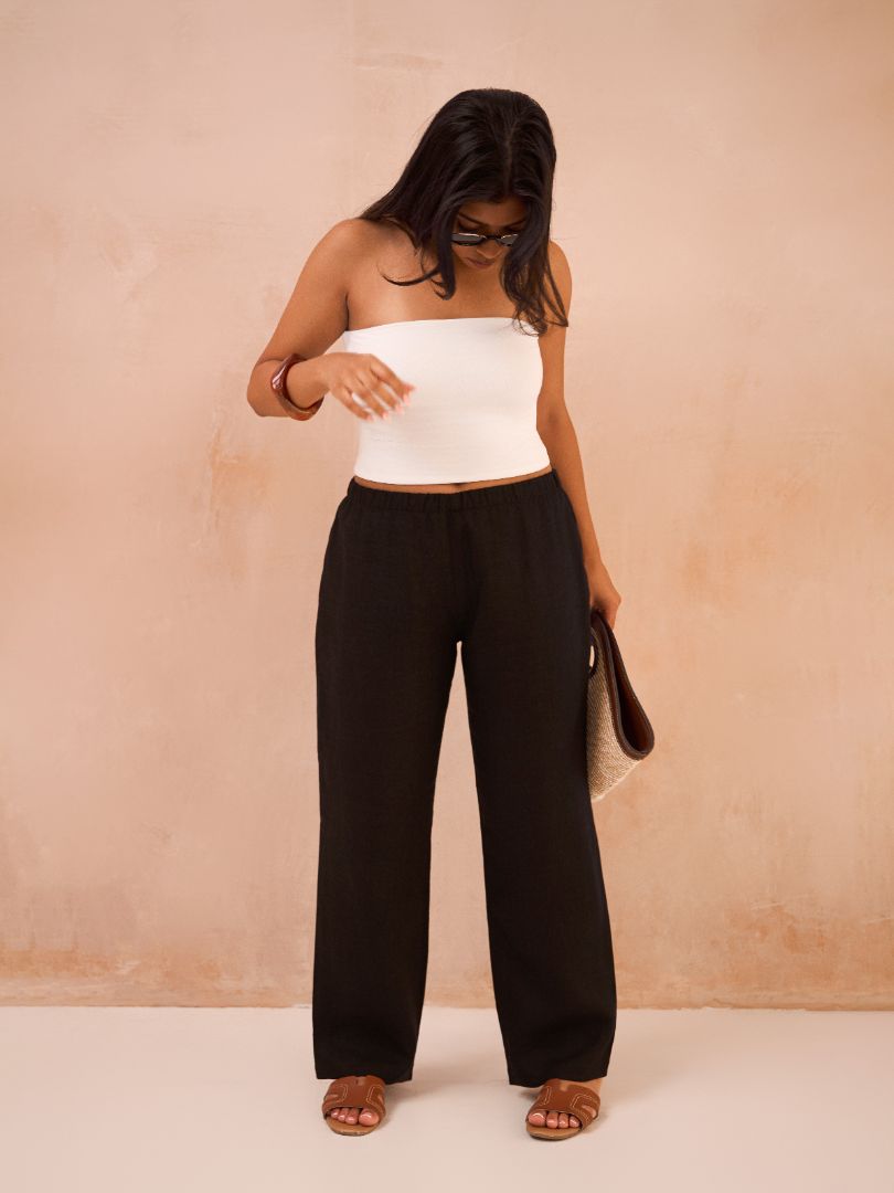 Petite Black 100% Linen Straight Leg Lined Trousers