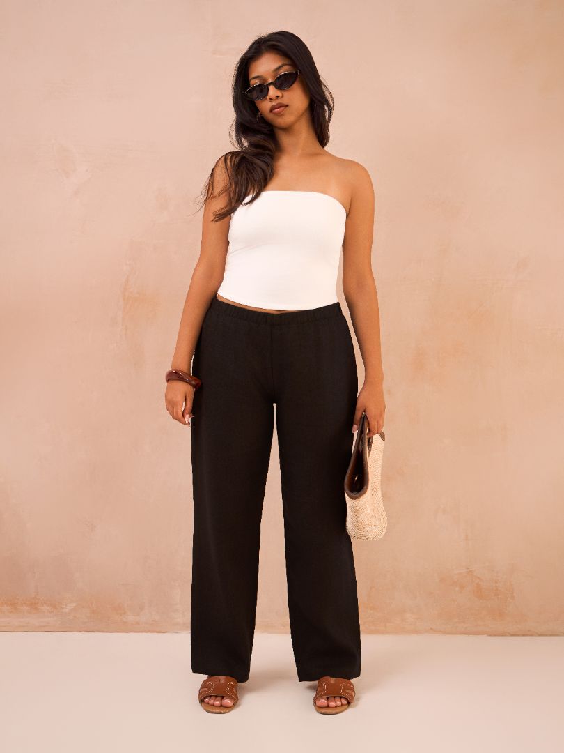 Petite Black 100% Linen Straight Leg Lined Trousers
