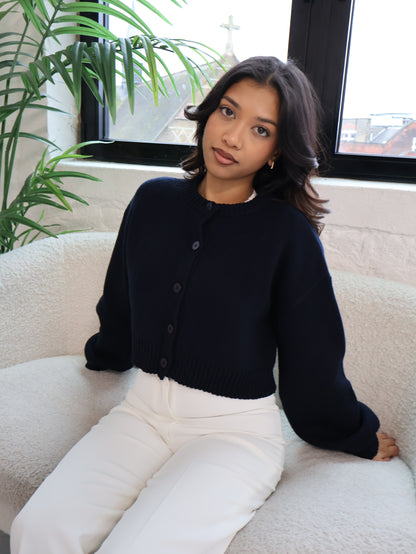 Petite Navy Cotton-Cashmere Knit Cardigan