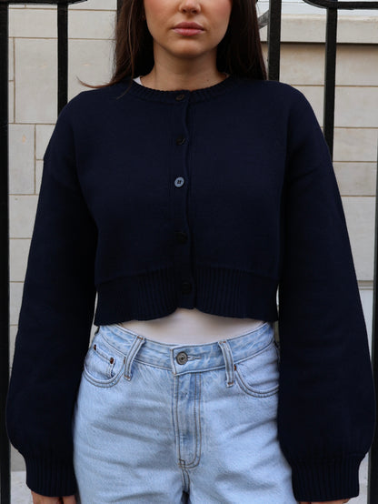 Petite Navy Cotton-Cashmere Knit Cardigan