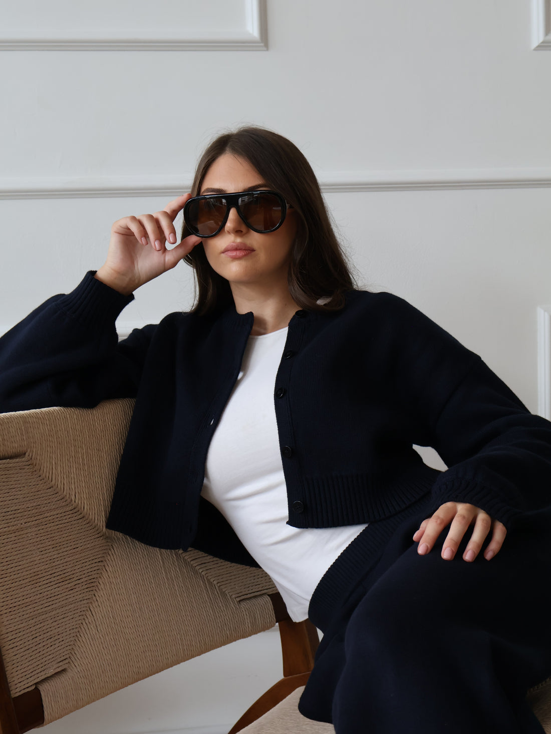 Petite Navy Cotton-Cashmere Knit Cardigan