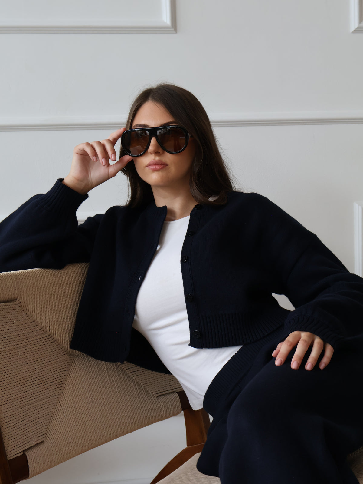 Petite Navy Cotton-Cashmere Knit Cardigan