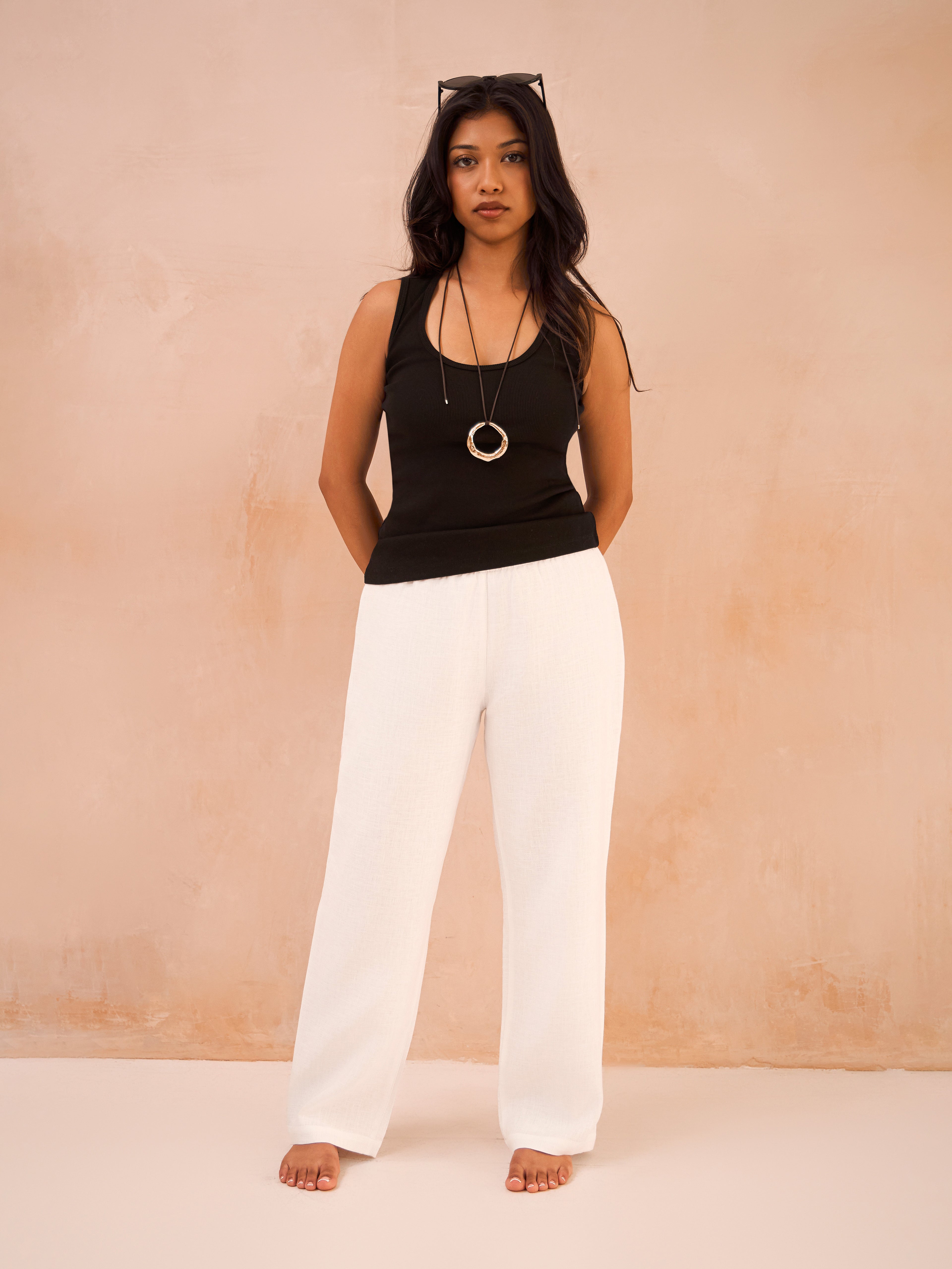 Petite White 100% Linen Straight Leg Lined Trousers